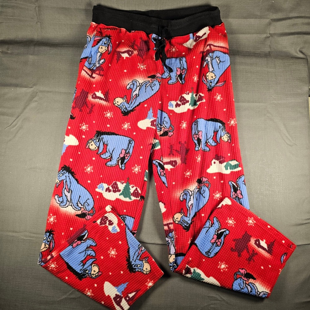 Disney Eeyore Pajama Pants Womens Large Red Waffle Knit Christmas Winter Lounge